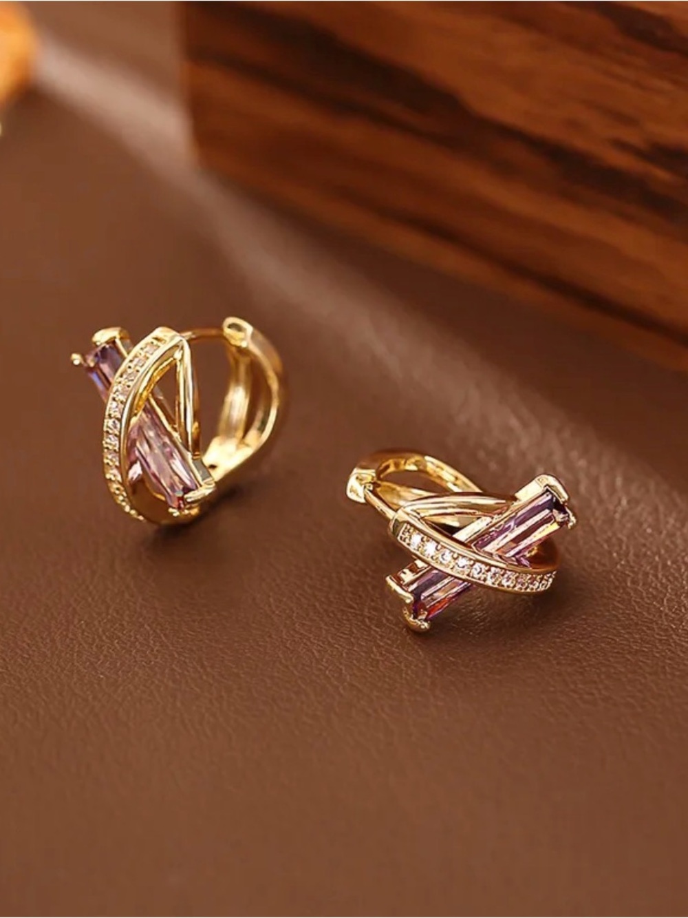 Lavender Crystal Accent Huggie Earrings NWT Gold Plated - Picture 3 of 4